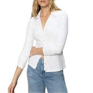 Sanctuary Daydreamer Knit Shirt White Long Sleeve Collared Button Up Size XS